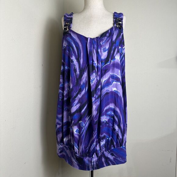 Daisy Fuentes Purple Watercolor Tye Die Embellished Shoulder Top Sz Large EUC - Picture 1 of 11